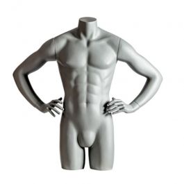 MALE MANNEQUIN BUST - MANNEQUIN TORSOS : Grey male mannequin bust with hands on hips