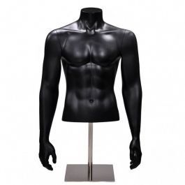 MALE MANNEQUIN BUST : Half male bust mannequin black finish with arms