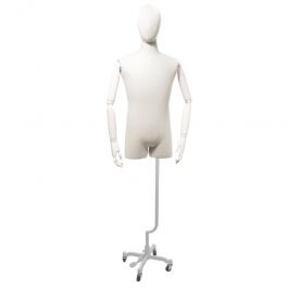 MALE MANNEQUIN BUST - VINTAGE BUST : Male torso fabric bust with white fabric and wheels