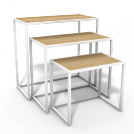 MATERIEL AGENCEMENT MAGASIN - TABLES : Kit 3 tables gigognes en métale blanc