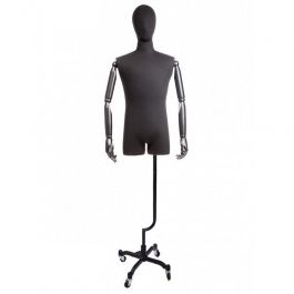 MALE MANNEQUIN BUST - VINTAGE BUST : Male black fabric bust with black wheel base