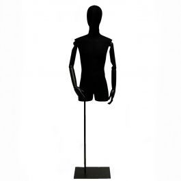 MALE MANNEQUIN BUST - VINTAGE BUST : Male bust in black fabric, black wood arms metal base