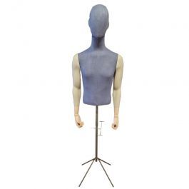 MALE MANNEQUIN BUST : Male bust with blue fabric and arms on tripod base