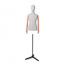 MALE MANNEQUIN BUST - TAILORED BUST : Male bust with fabric and wooden arms with metal base