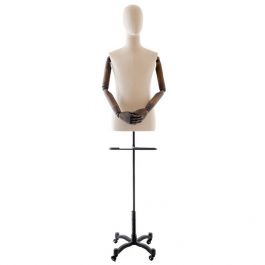 MALE MANNEQUIN BUST - TAILORED BUST : Male torso with linen fabric and dark wooden arms