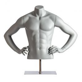 MALE MANNEQUIN BUST - SPORT TORSOS AND BUSTS : Grey sports mannequin bust with hands on hips