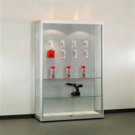 RETAIL DISPLAY CABINET : Showcase with silver-coloured perforated wall
