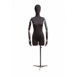 BUSTE MANNEQUIN FEMME - BUSTES VINTAGE : Torso mannequin femme tissus noir et bras bois