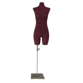 BUSTE MANNEQUIN FEMME : Buste de femme en tissu bordeaux avec base en bronze