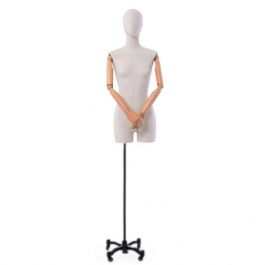 BUSTE MANNEQUIN FEMME : Buste tissu f&eacute;minin t&ecirc;te et bras sur base &agrave; roulettes