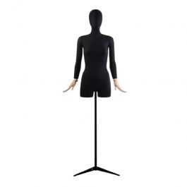 BUSTE MANNEQUIN FEMME : Buste femme en eps noir avec t&ecirc;te sur base tripod