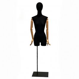 BUSTE MANNEQUIN FEMME : Buste femme tissu noir bras bois et base m&eacute;tal