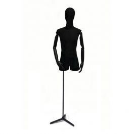BUSTE MANNEQUIN HOMME : Buste homme tissu coloris noir sur base tr&eacute;pied