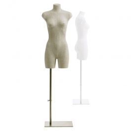 BUSTE MANNEQUIN FEMME : Buste tissu femme en lin naturel avec base rectangle