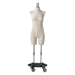 BUSTE MANNEQUIN FEMME : Buste tissu femme sur base &agrave; roulettes &agrave; deux barres