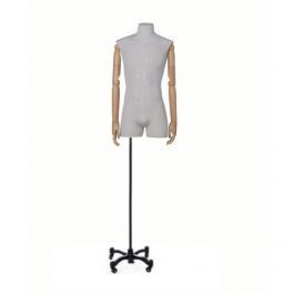 BUSTE MANNEQUIN HOMME - BUSTES COUTURE : Buste tissu homme avec bras en bois et base &agrave; roulettes