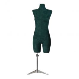 BUSTE MANNEQUIN FEMME : Buste tissu vert sur base tripod m&eacute;tal