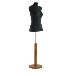 BUSTE MANNEQUIN FEMME : Torso 3/4 femme en &eacute;lasthanne noir avec base en bois