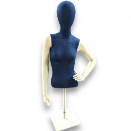 BUSTE MANNEQUIN FEMME - BUSTES COUTURE FEMME : Torso mannequin femme bleu avec base carr&eacute;e